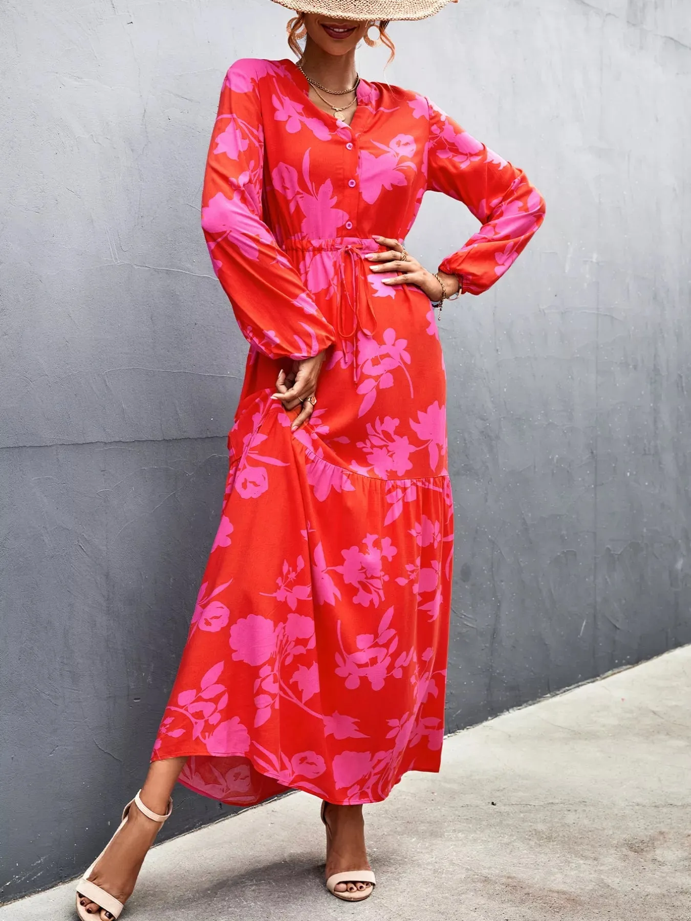 Floral Drawstring Waist Long Sleeve Maxi Dress sold by Charming Charlie product image thumbnail 4