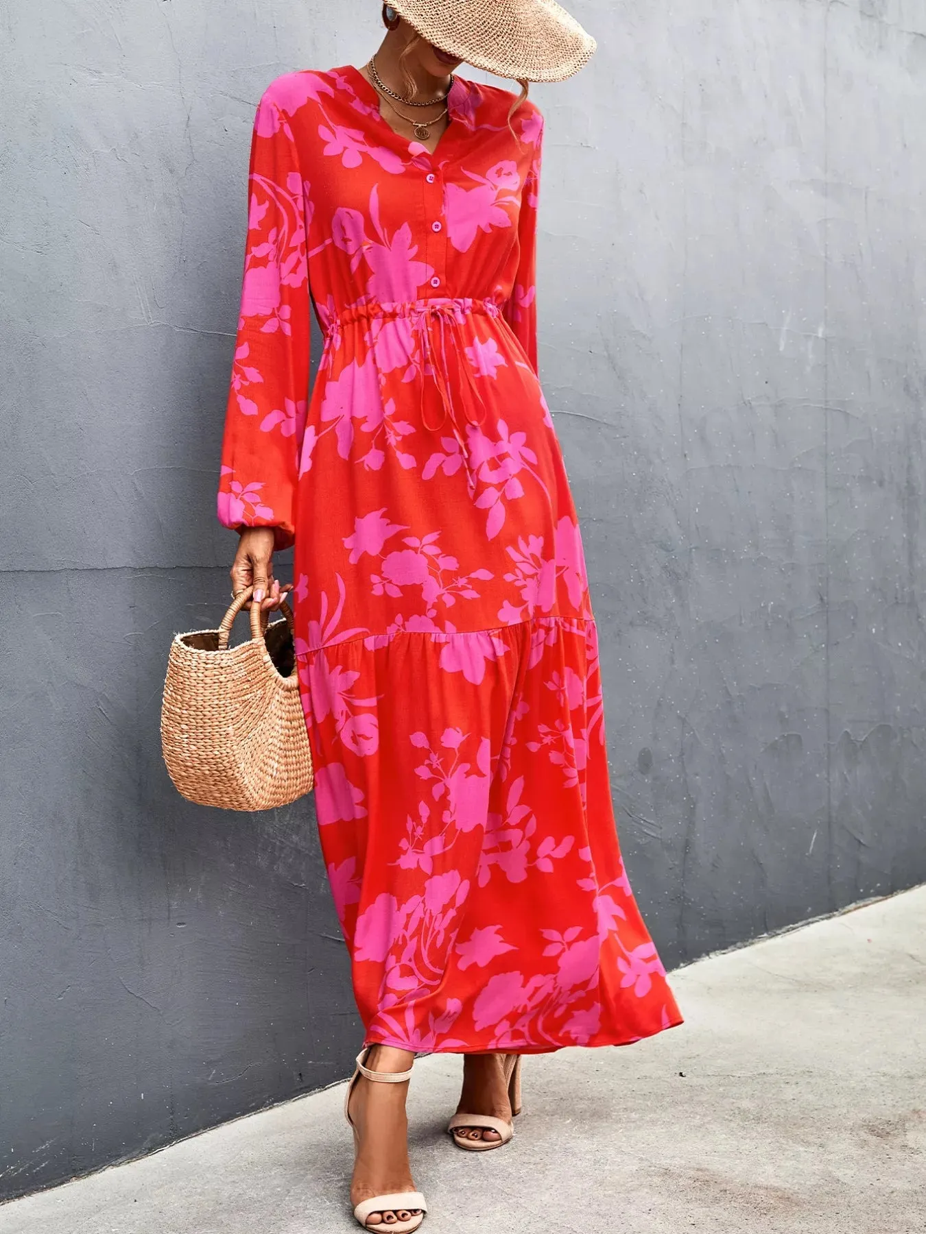 Floral Drawstring Waist Long Sleeve Maxi Dress sold by Charming Charlie