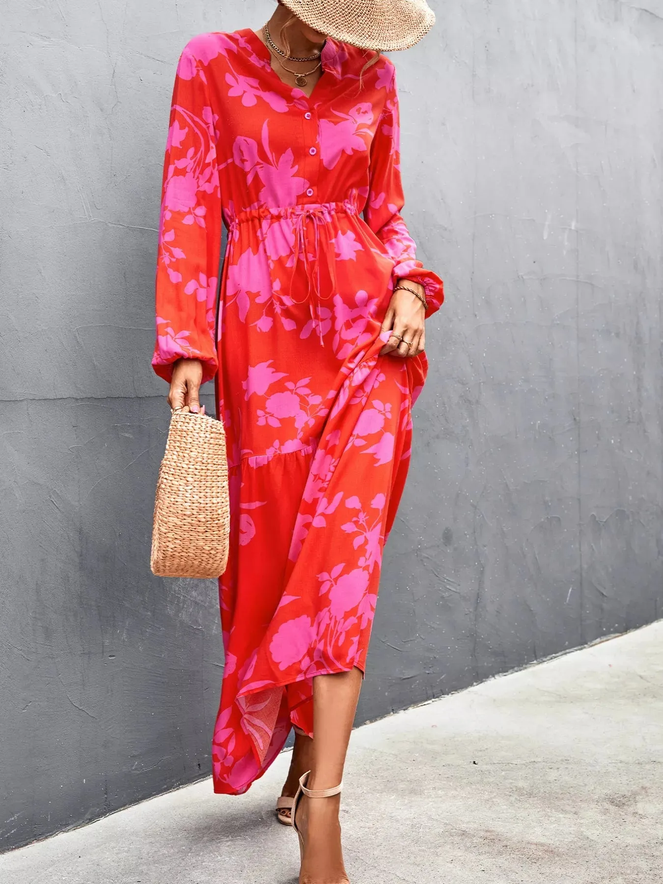 Floral Drawstring Waist Long Sleeve Maxi Dress sold by Charming Charlie product image thumbnail 5