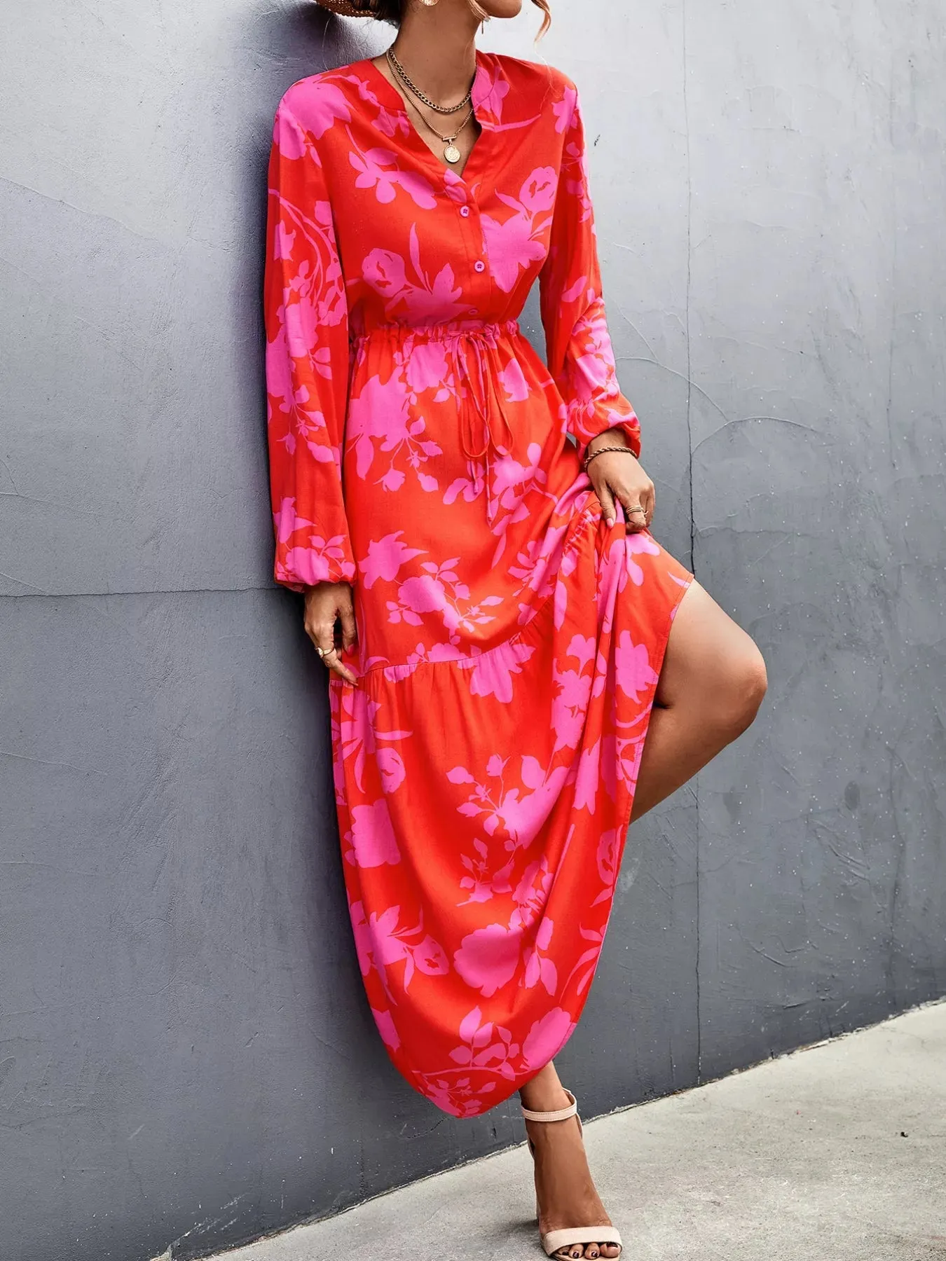 Floral Drawstring Waist Long Sleeve Maxi Dress sold by Charming Charlie product image thumbnail 2