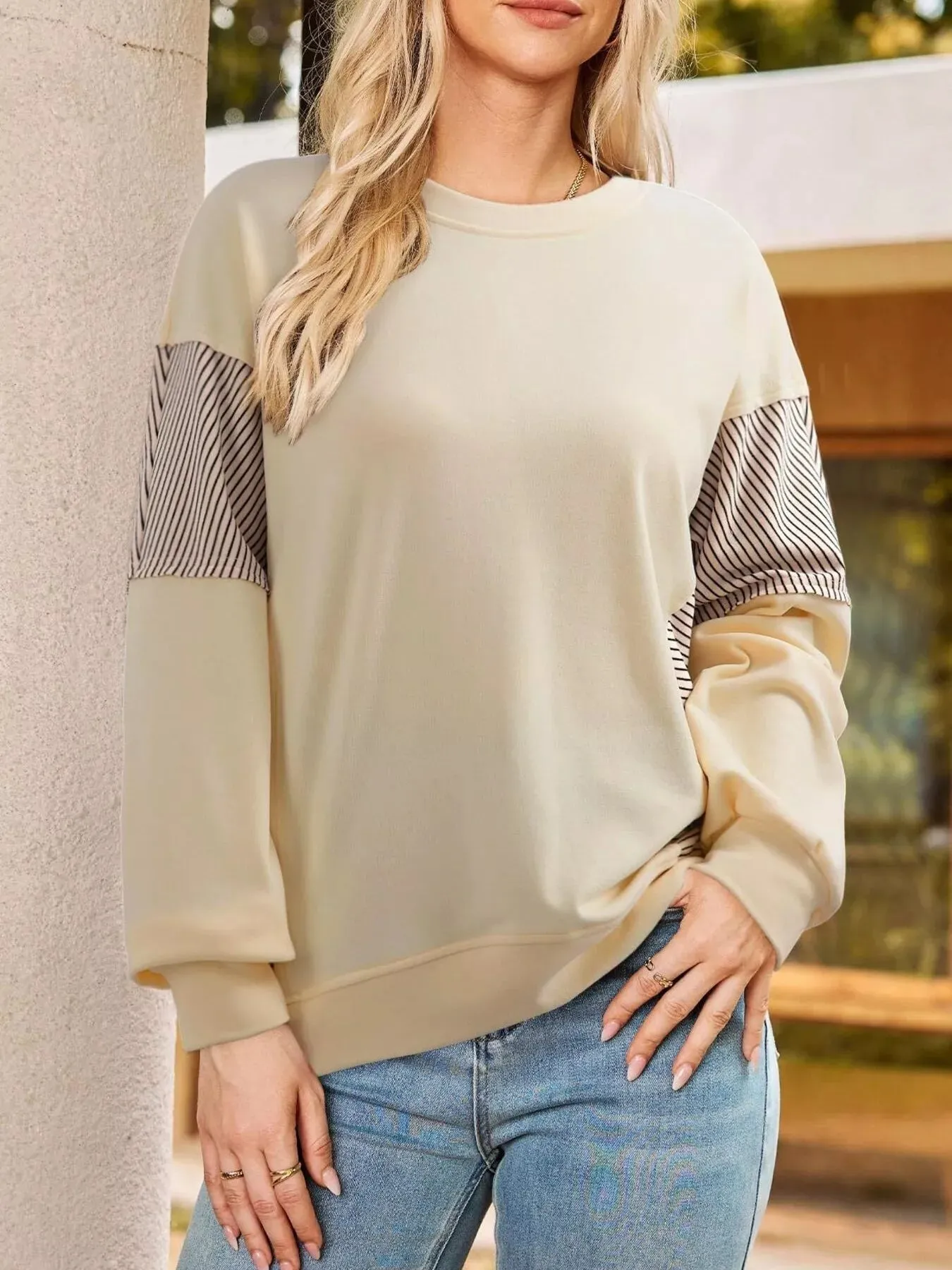 Striped Round Neck Long Sleeve Sweatshirt sold by Charming Charlie product image thumbnail 4