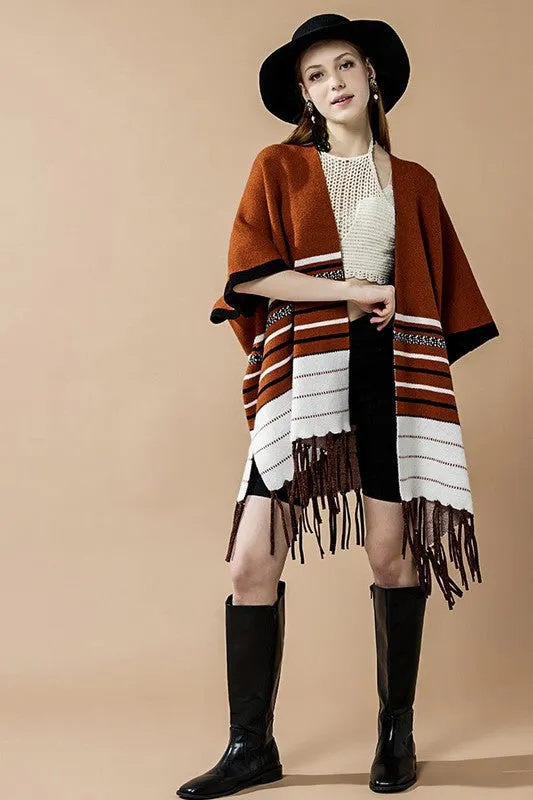 Western Striped Fringed Ruana Poncho Cardigan sold by Charming Charlie