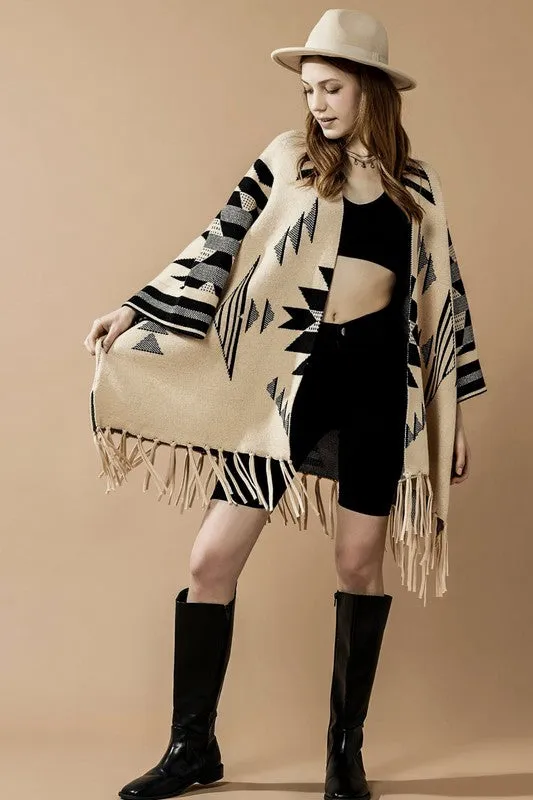 Aztec Fringed Ruana Poncho Sweater Cardigan sold by Charming Charlie