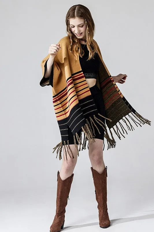 Western Striped Fringed Ruana Poncho Cardigan sold by Charming Charlie