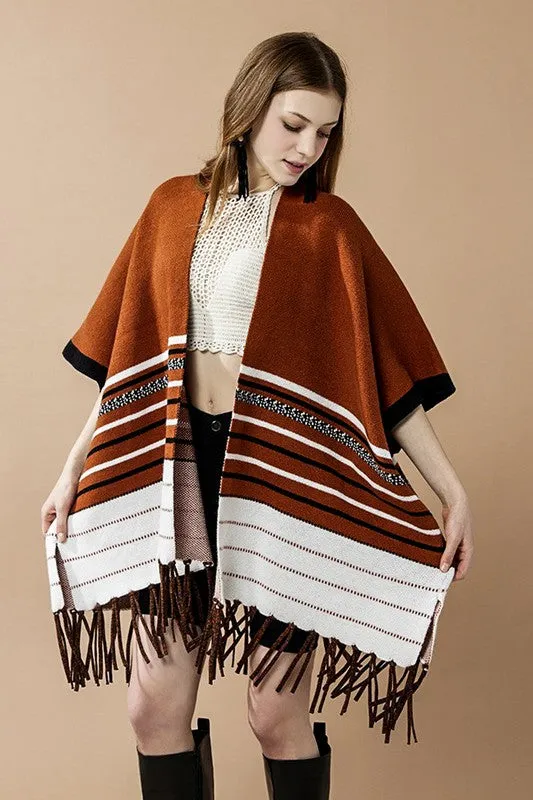Western Striped Fringed Ruana Poncho Cardigan sold by Charming Charlie product image thumbnail 5
