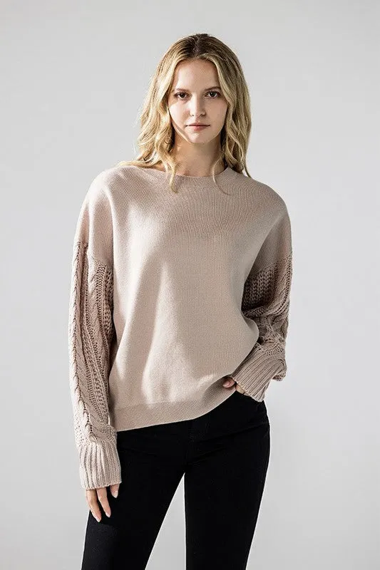 Cozy Solid Body Contrast Cable Knit Sweater sold by Charming Charlie