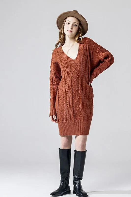 V-Neck Ribbed Hem Cable Knit Sweater Dress sold by Charming Charlie product image thumbnail 2