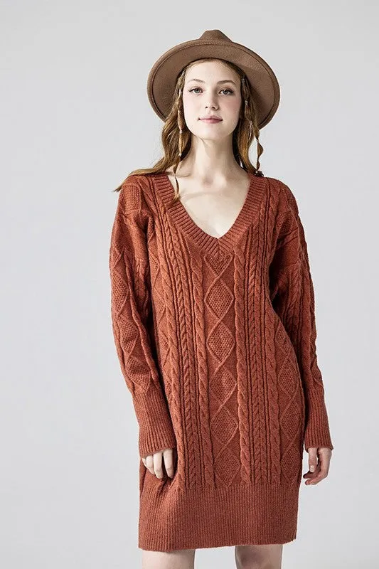 V-Neck Ribbed Hem Cable Knit Sweater Dress sold by Charming Charlie