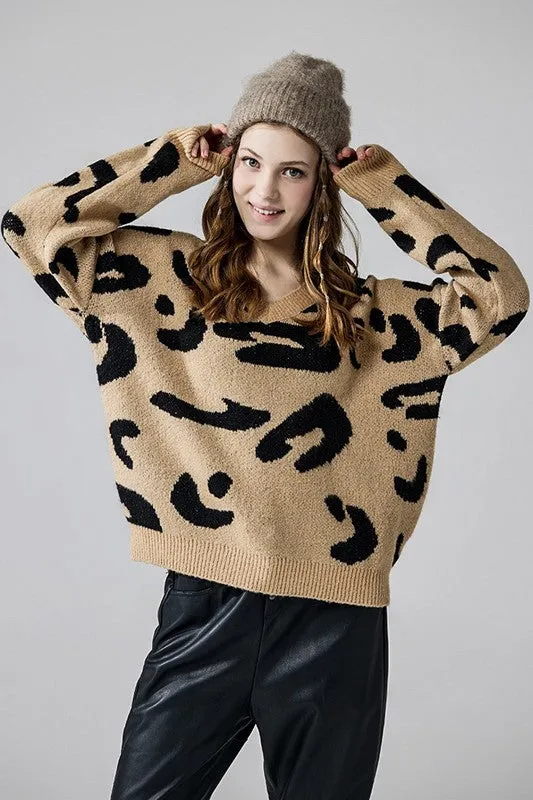 Fuzzy Mohair Jacquard V-Neck Leopard Sweater sold by Charming Charlie