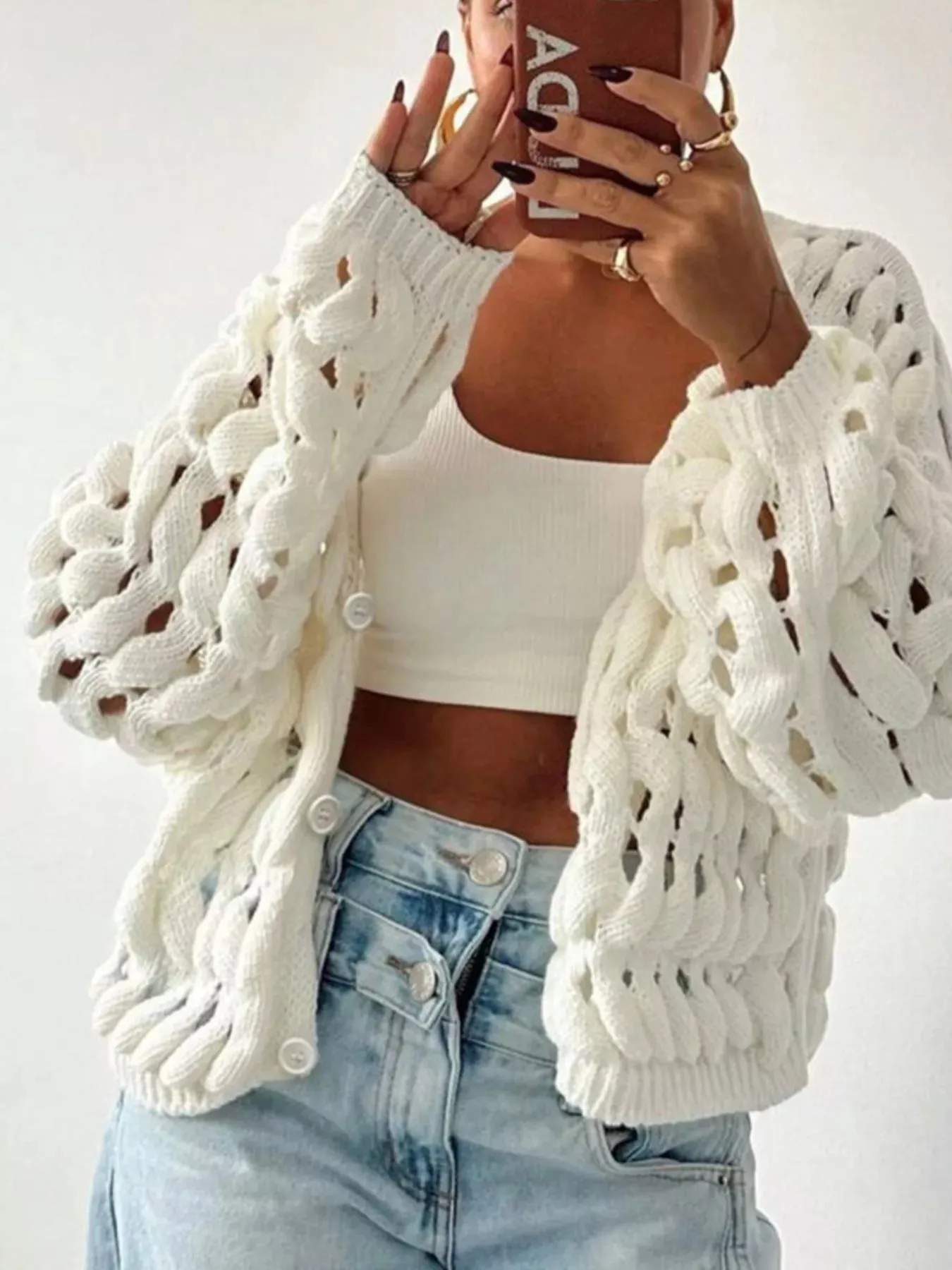 Openwork Button Up V-Neck Cardigan sold by Charming Charlie product image thumbnail 2