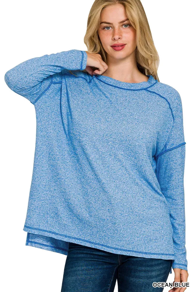 Zenana Full Size Melange Hacci Exposed Seam Hi-low Tee Plus Size sold by Charming Charlie