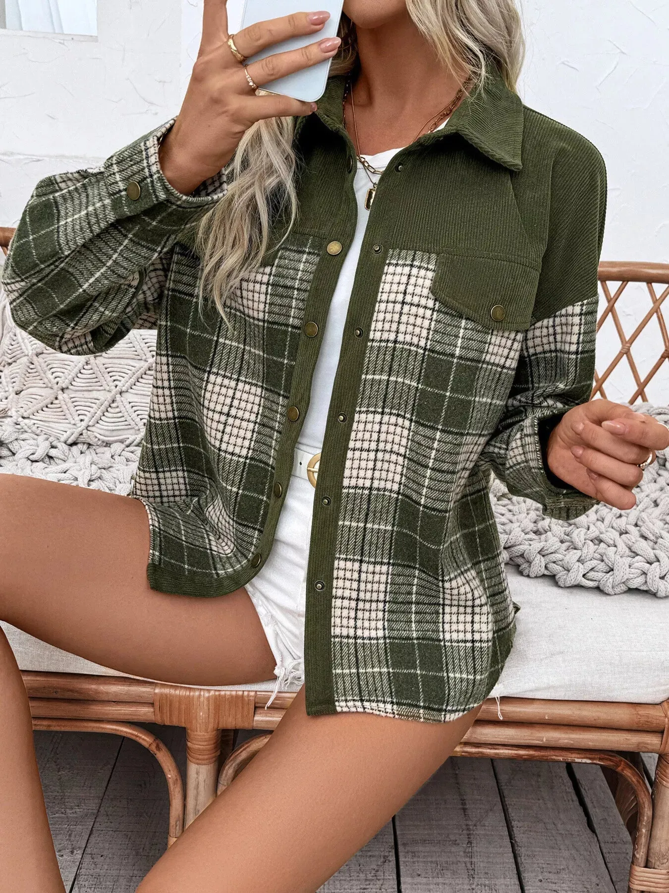Plaid Button Up Long Sleeve Shacket sold by Charming Charlie