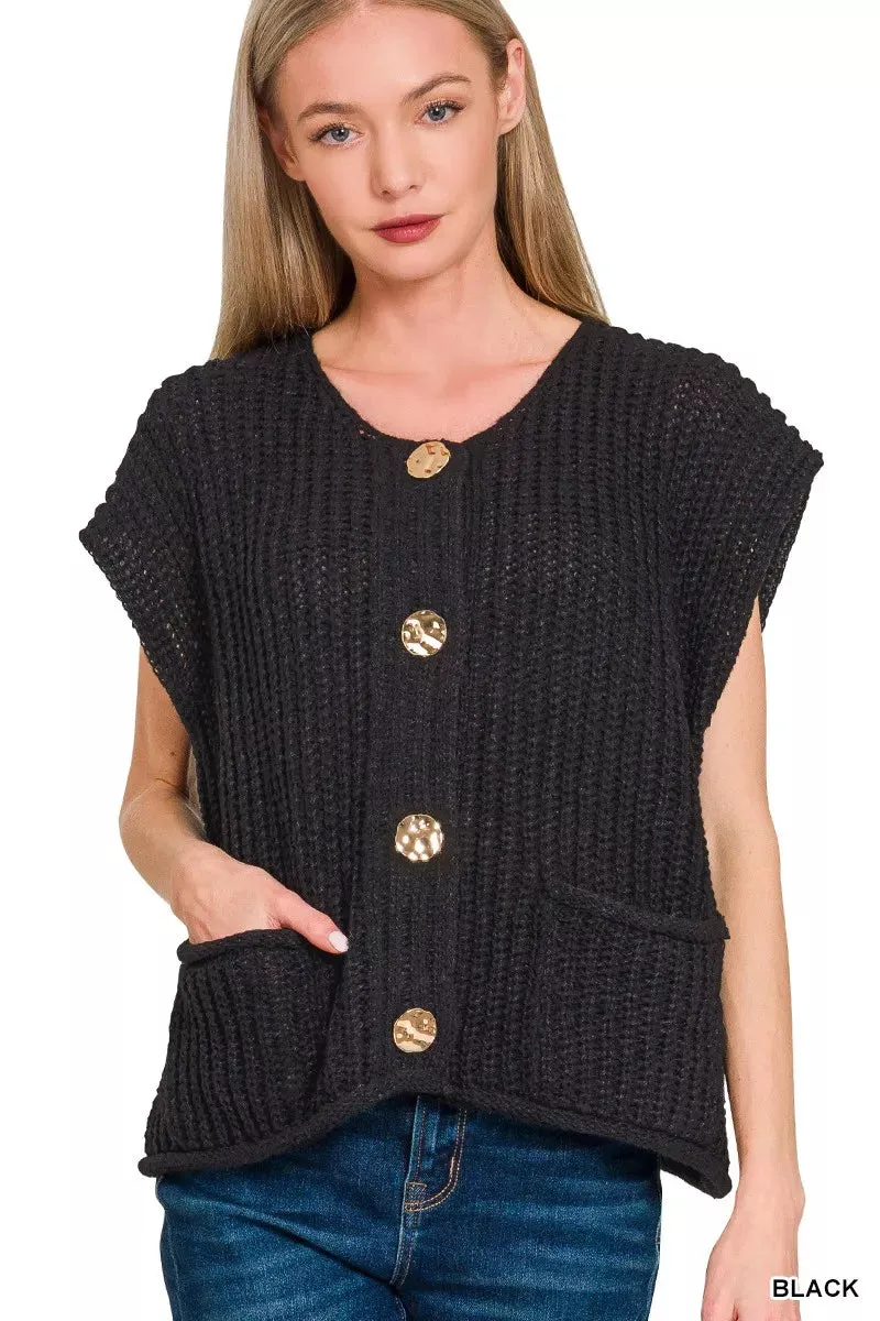 Zenana Button Down Sweater Vest with Front Pockets sold by Charming Charlie