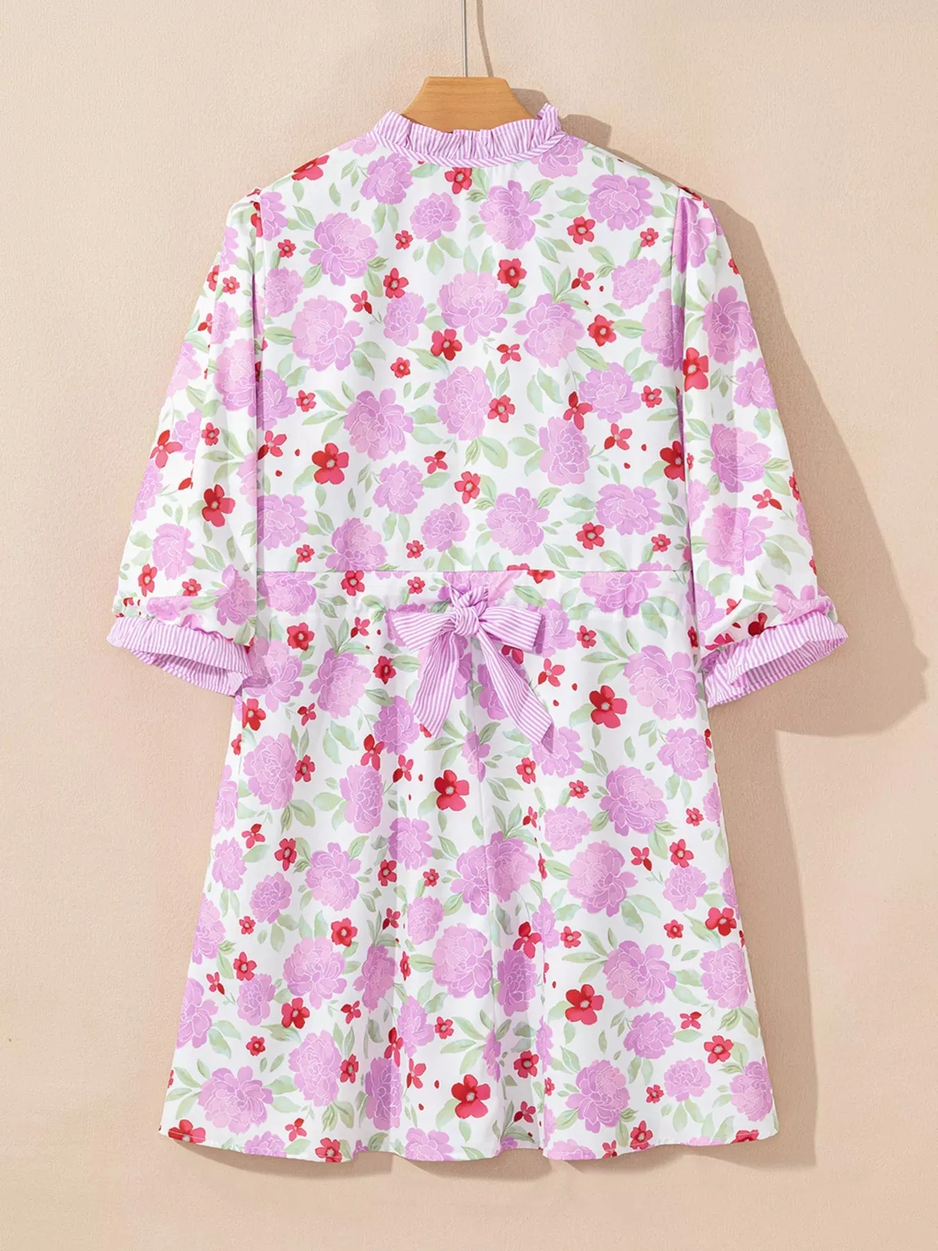 Floral Print Striped Trim Frilled Neck 3/4 Sleeve Flared Mini Dress sold by Charming Charlie product image thumbnail 3