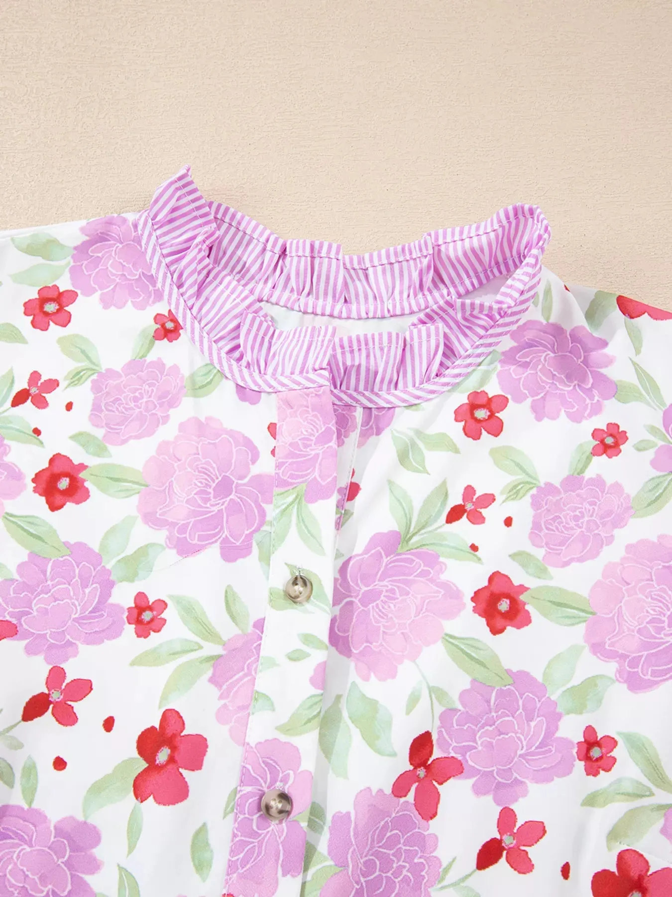 Floral Print Striped Trim Frilled Neck 3/4 Sleeve Flared Mini Dress sold by Charming Charlie product image thumbnail 4