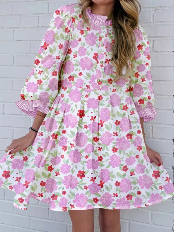Floral Print Striped Trim Frilled Neck 3/4 Sleeve Flared Mini Dress sold by Charming Charlie
