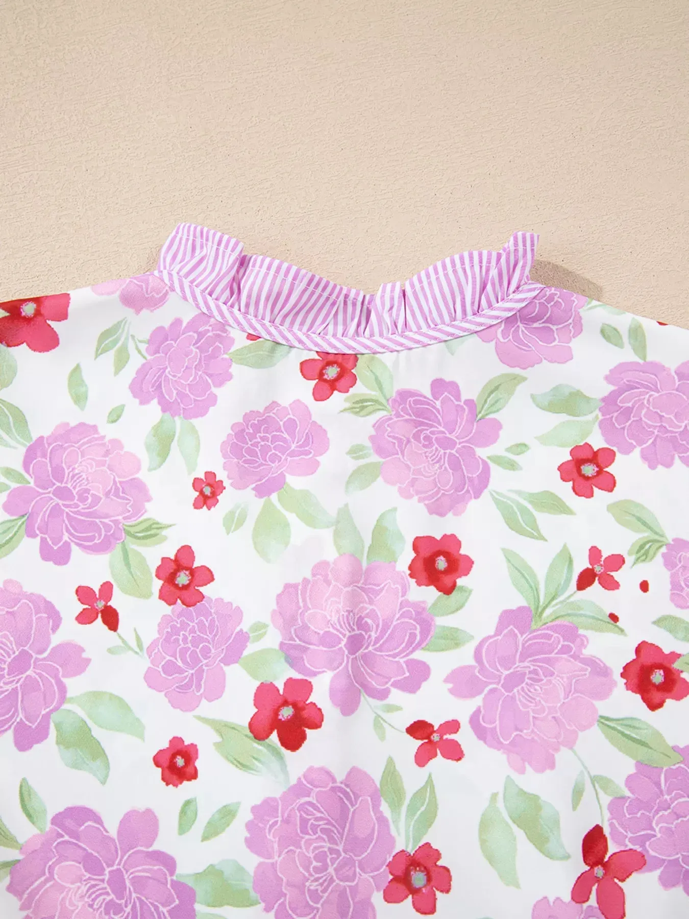 Floral Print Striped Trim Frilled Neck 3/4 Sleeve Flared Mini Dress sold by Charming Charlie product image thumbnail 5