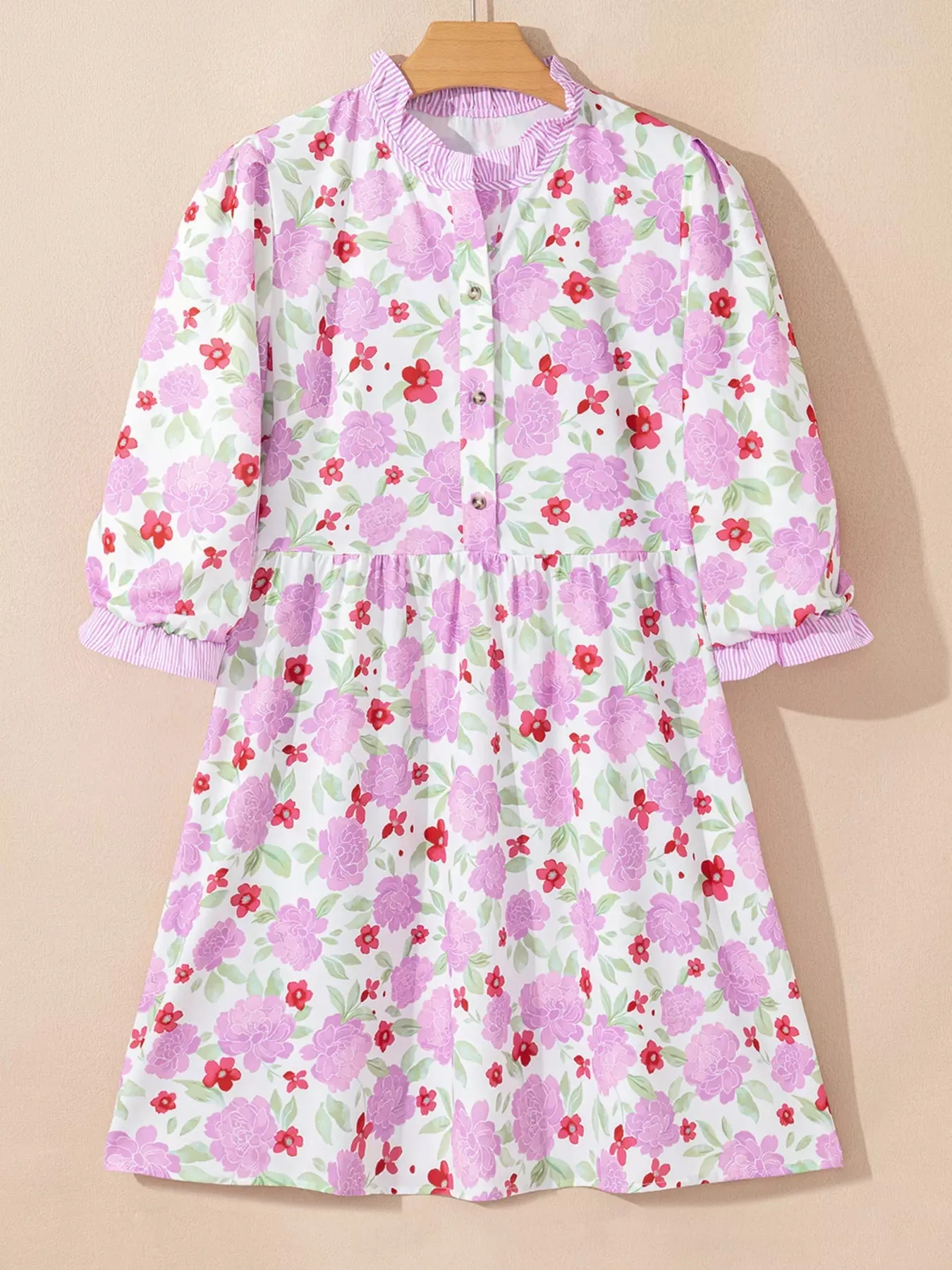 Floral Print Striped Trim Frilled Neck 3/4 Sleeve Flared Mini Dress sold by Charming Charlie product image thumbnail 2