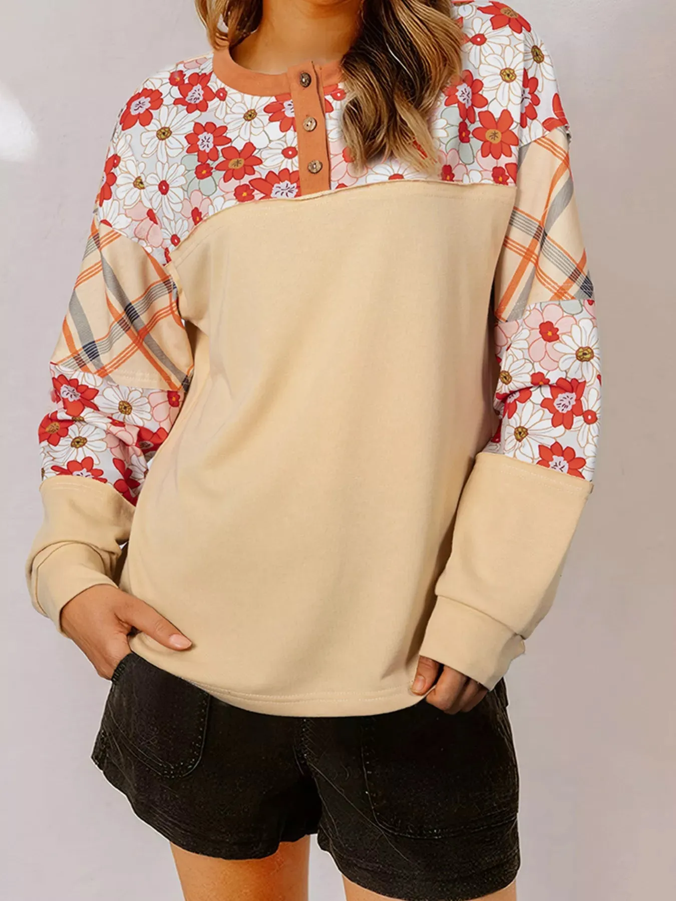 Floral Plaid Patchwork Casual Top sold by Charming Charlie
