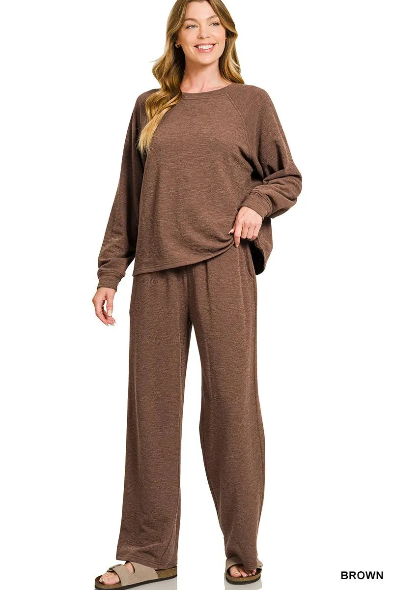 Zenana Slub Long Sleeve Top and Pants Lounge Set sold by Charming Charlie