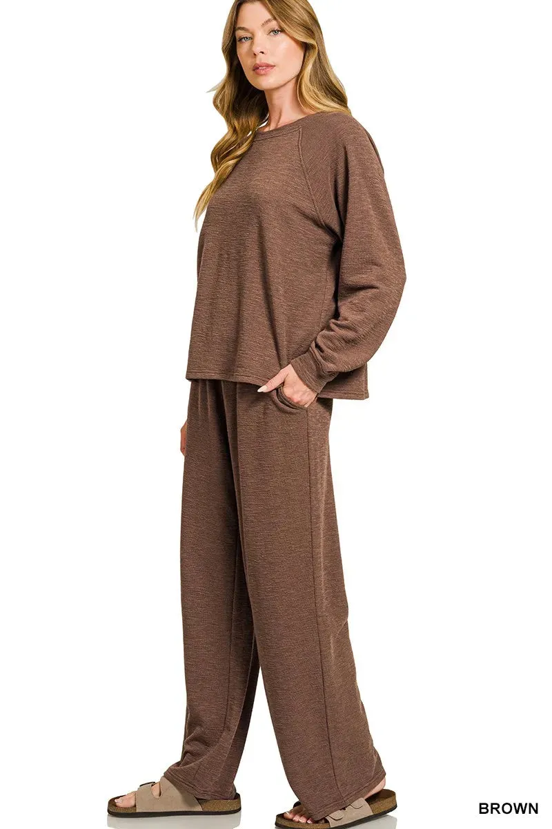 Zenana Slub Long Sleeve Top and Pants Lounge Set sold by Charming Charlie product image thumbnail 2