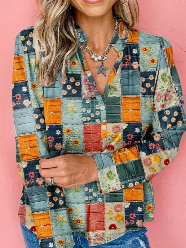 Floral Half Placket Notched Blouse sold by Charming Charlie