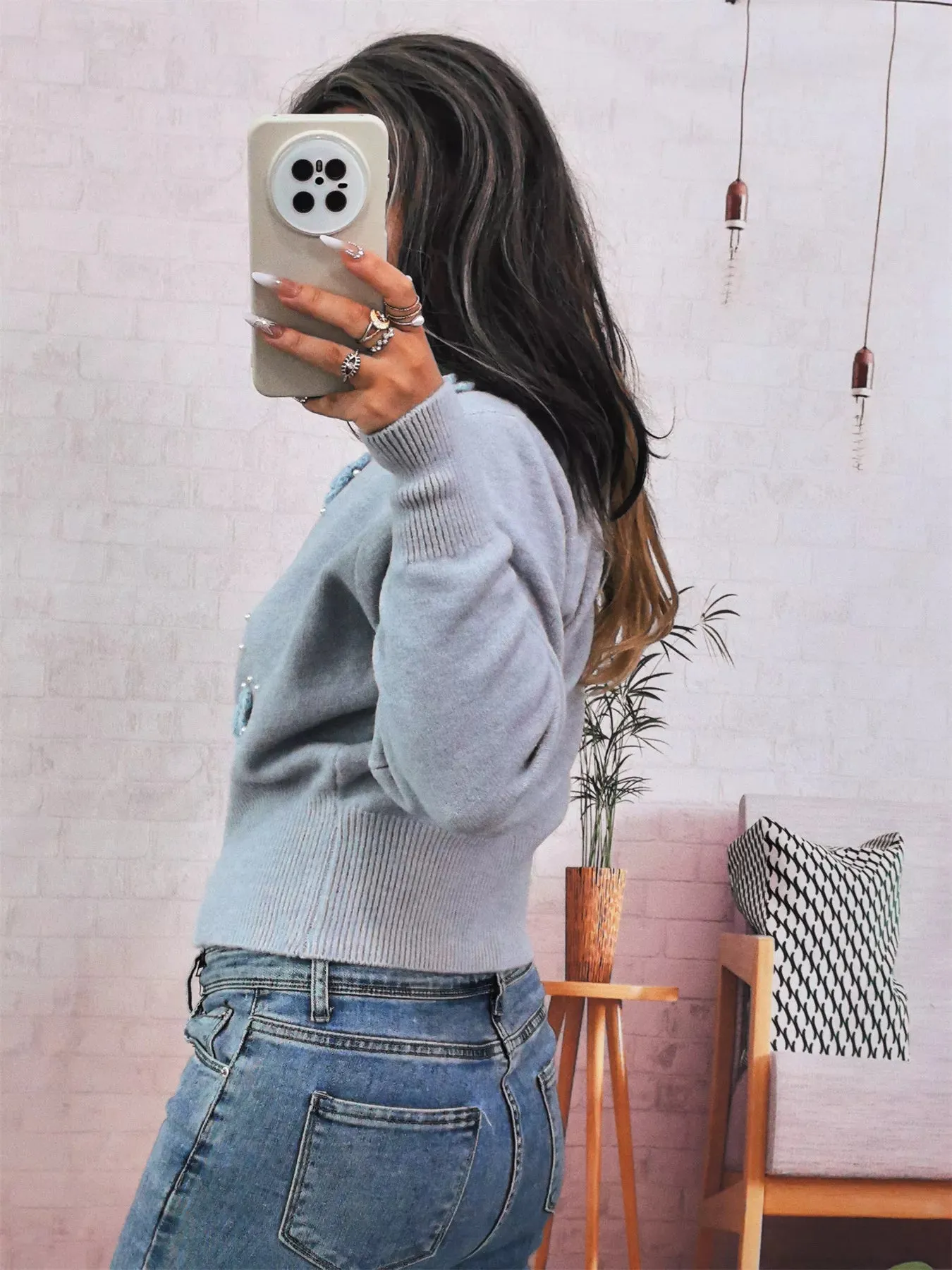 Flower Pearl Detail Ribbed Hem Sweater sold by Charming Charlie product image thumbnail 5