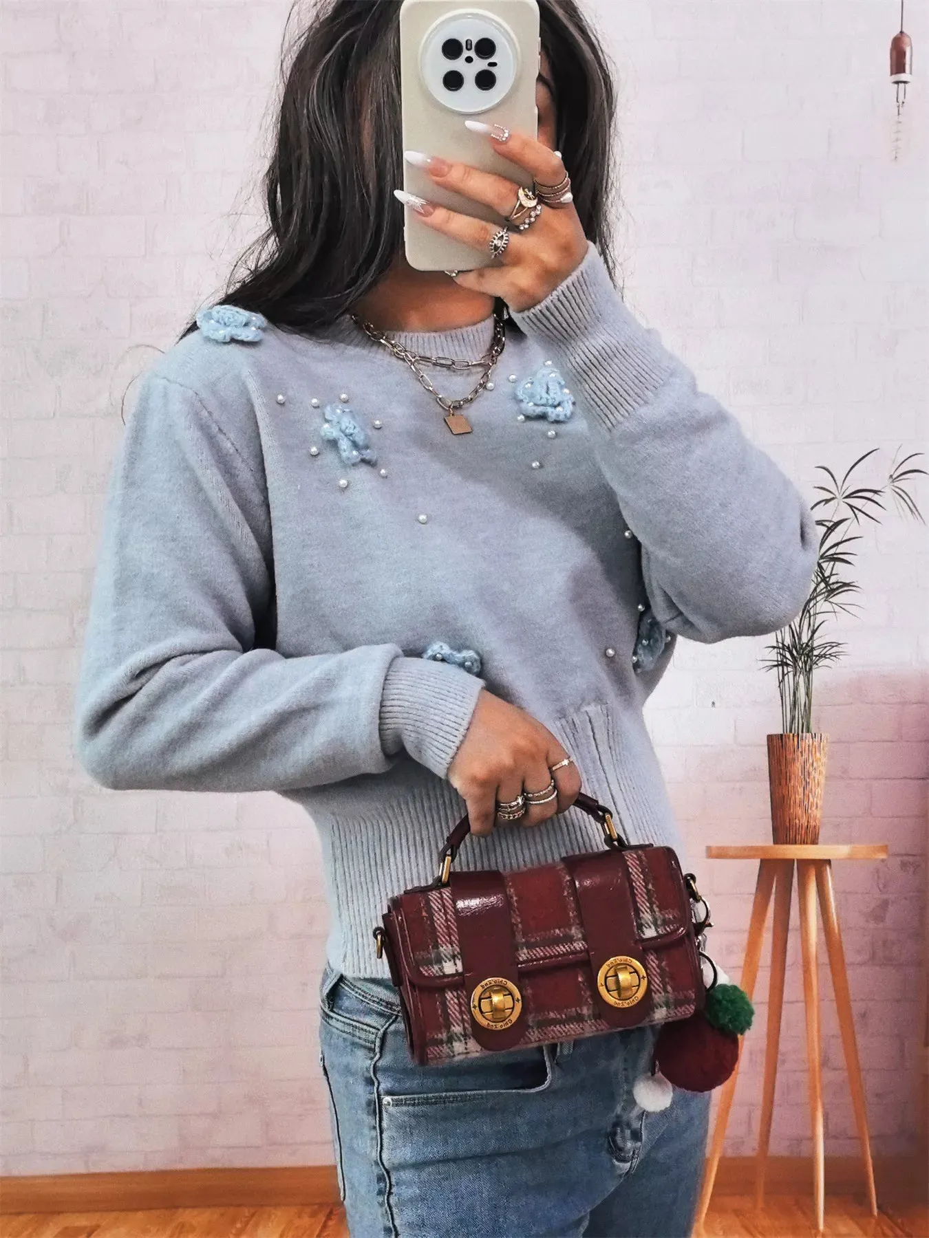 Flower Pearl Detail Ribbed Hem Sweater sold by Charming Charlie product image thumbnail 2