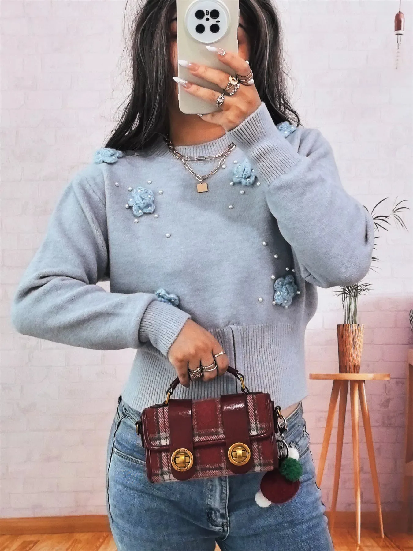 Flower Pearl Detail Ribbed Hem Sweater sold by Charming Charlie product image thumbnail 4