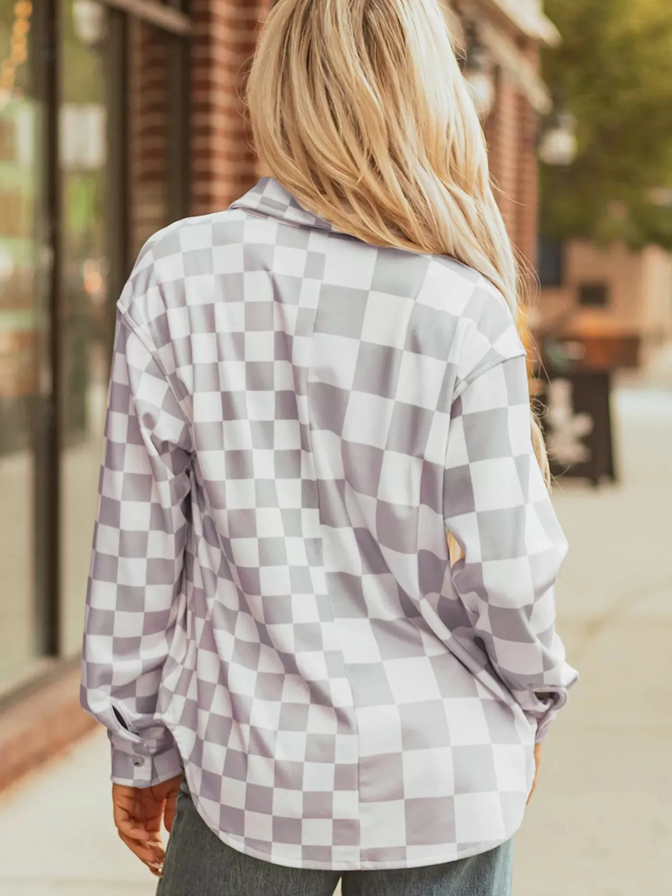 Checkerboard Flap Pocket Button Front Shacket sold by Charming Charlie product image thumbnail 2