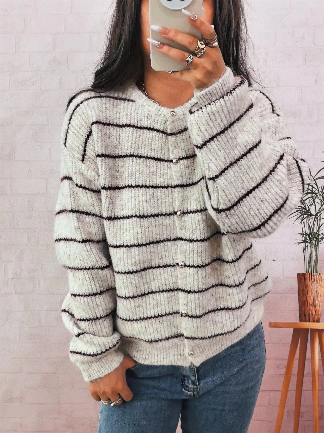 Striped Button Up Long Sleeve Cardigan sold by Charming Charlie product image thumbnail 4