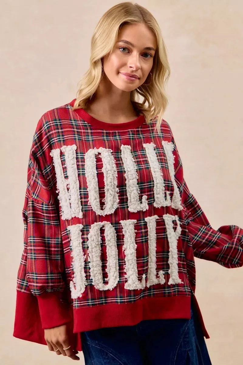 BiBi Holly Jolly Christmas Plaid Oversized Sweatshirt sold by Charming Charlie product image thumbnail 4