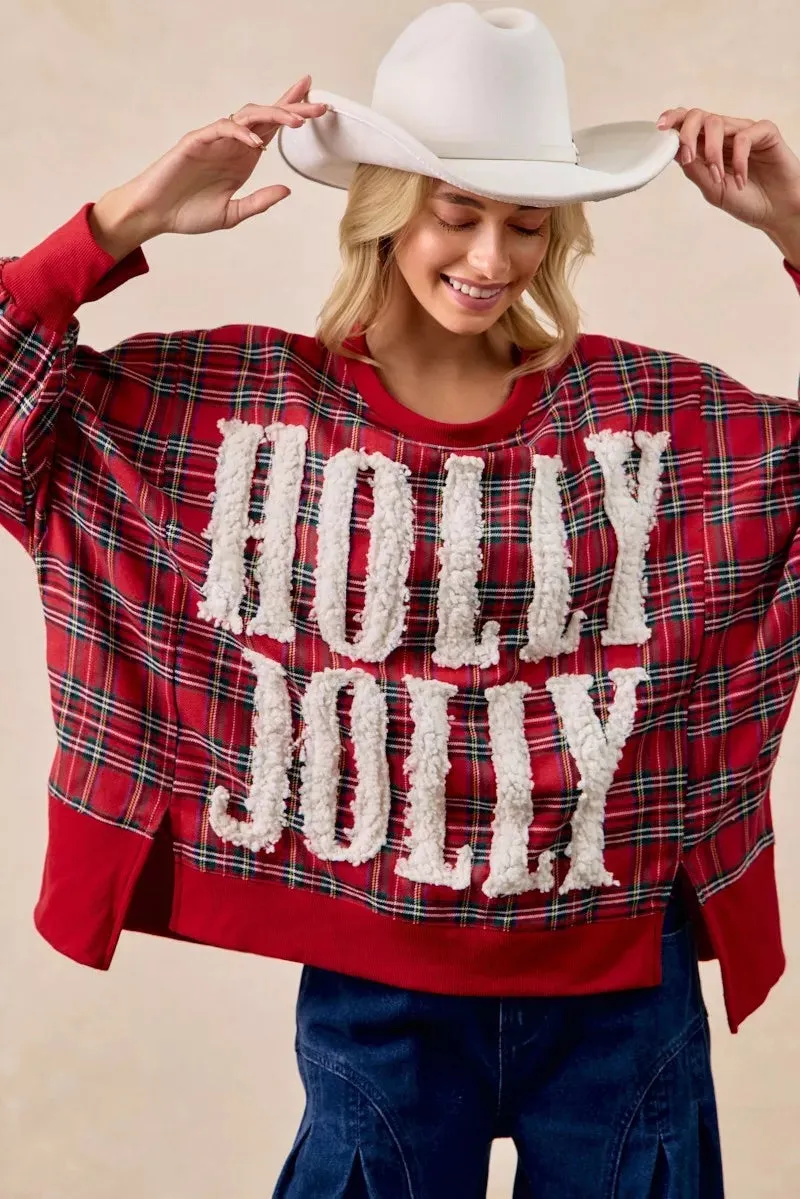 BiBi Holly Jolly Christmas Plaid Oversized Sweatshirt sold by Charming Charlie