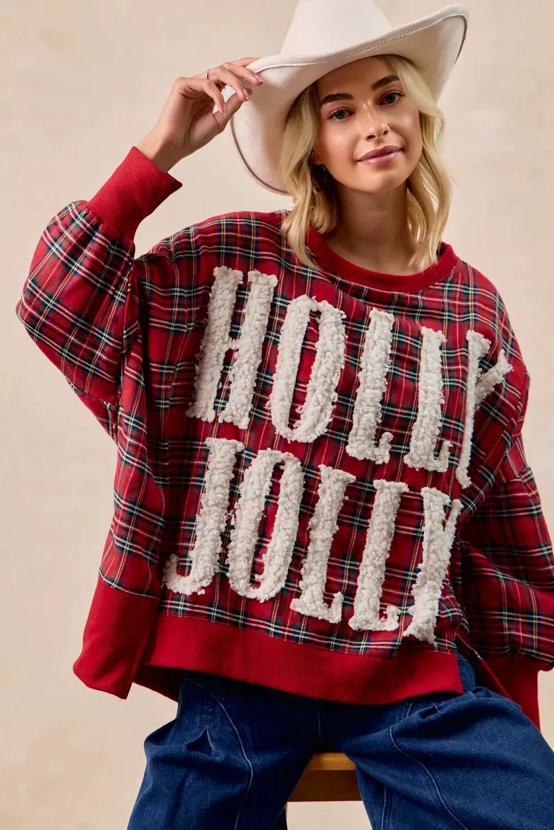 BiBi Holly Jolly Christmas Plaid Oversized Sweatshirt sold by Charming Charlie product image thumbnail 5