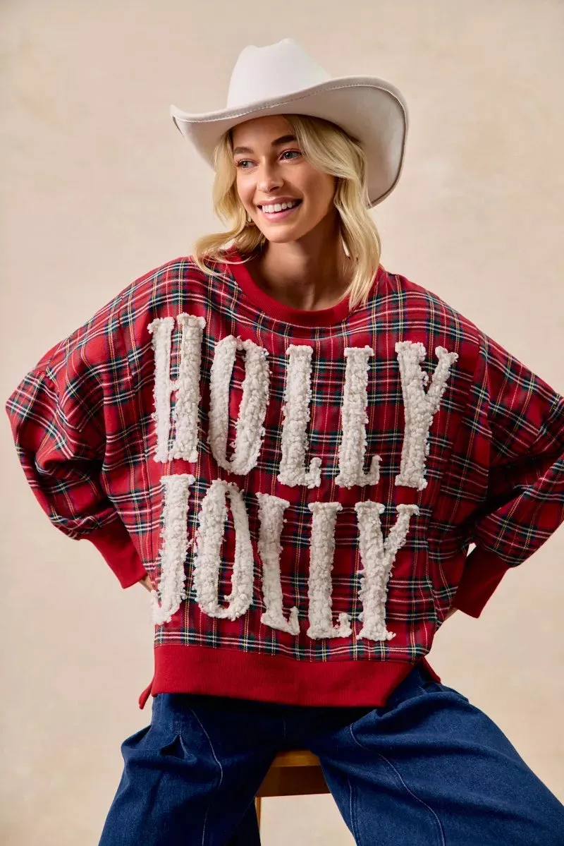 BiBi Holly Jolly Christmas Plaid Oversized Sweatshirt sold by Charming Charlie product image thumbnail 2