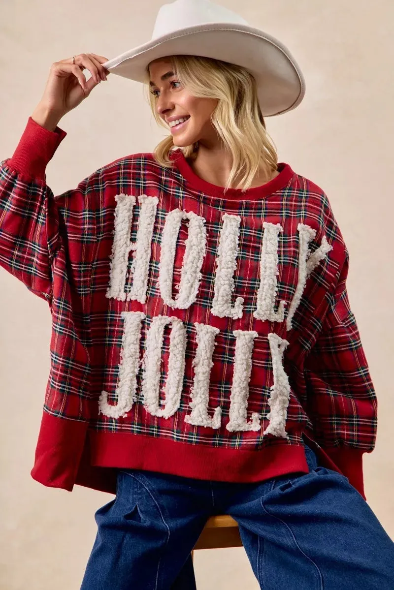 BiBi Holly Jolly Christmas Plaid Oversized Sweatshirt sold by Charming Charlie product image thumbnail 3