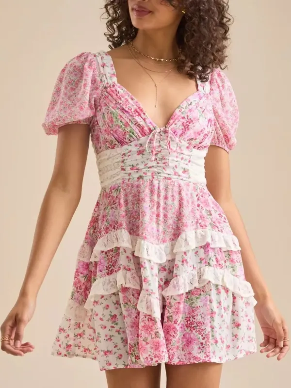 Floral Puff Sleeve Tiered Mini Dress sold by Charming Charlie