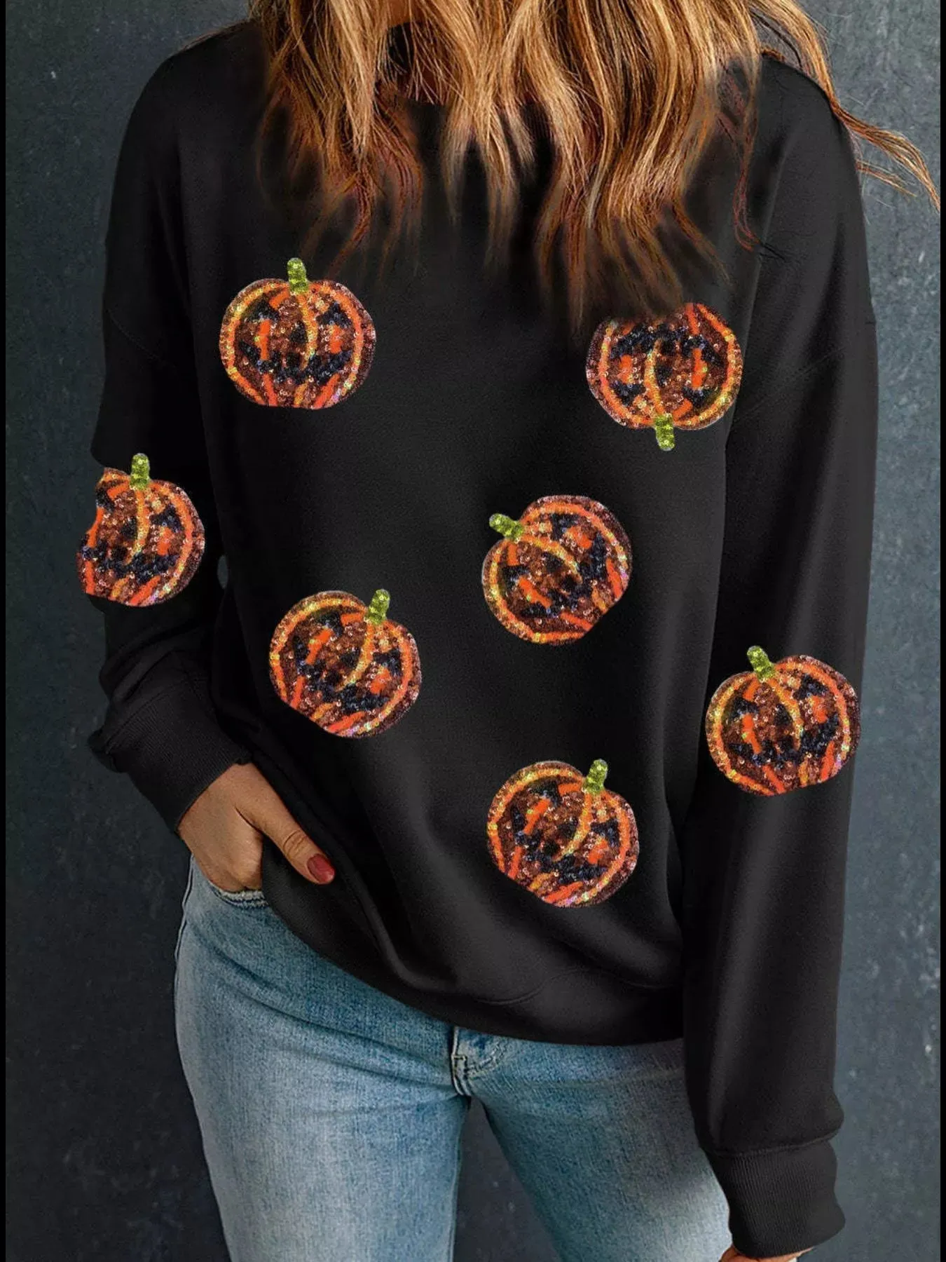 Halloween Sequin Round Neck Long Sleeve Sweatshirt sold by Charming Charlie product image thumbnail 4