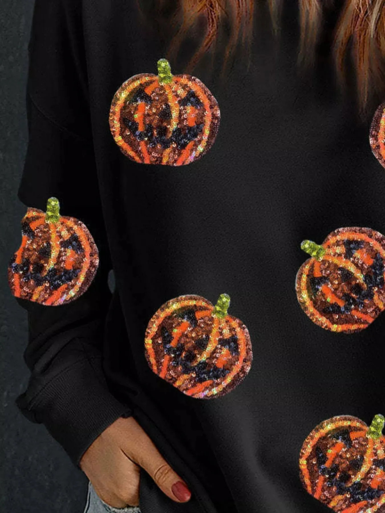 Halloween Sequin Round Neck Long Sleeve Sweatshirt sold by Charming Charlie product image thumbnail 5