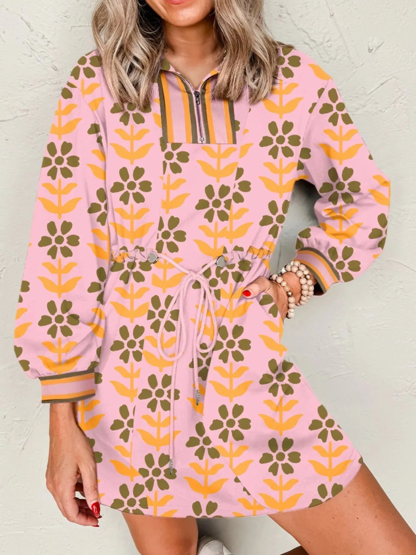 Printed Drawstring Waist Mini Dress sold by Charming Charlie