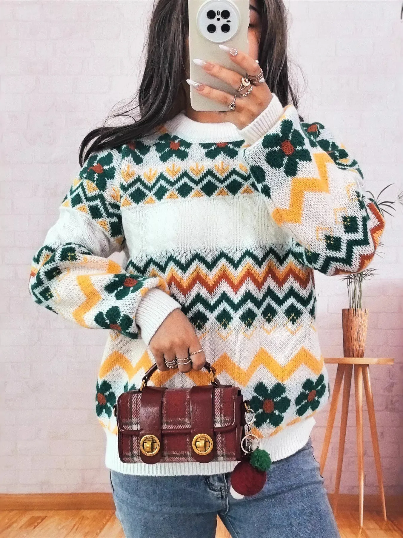 Geometric Round Neck Long Sleeve Sweater sold by Charming Charlie