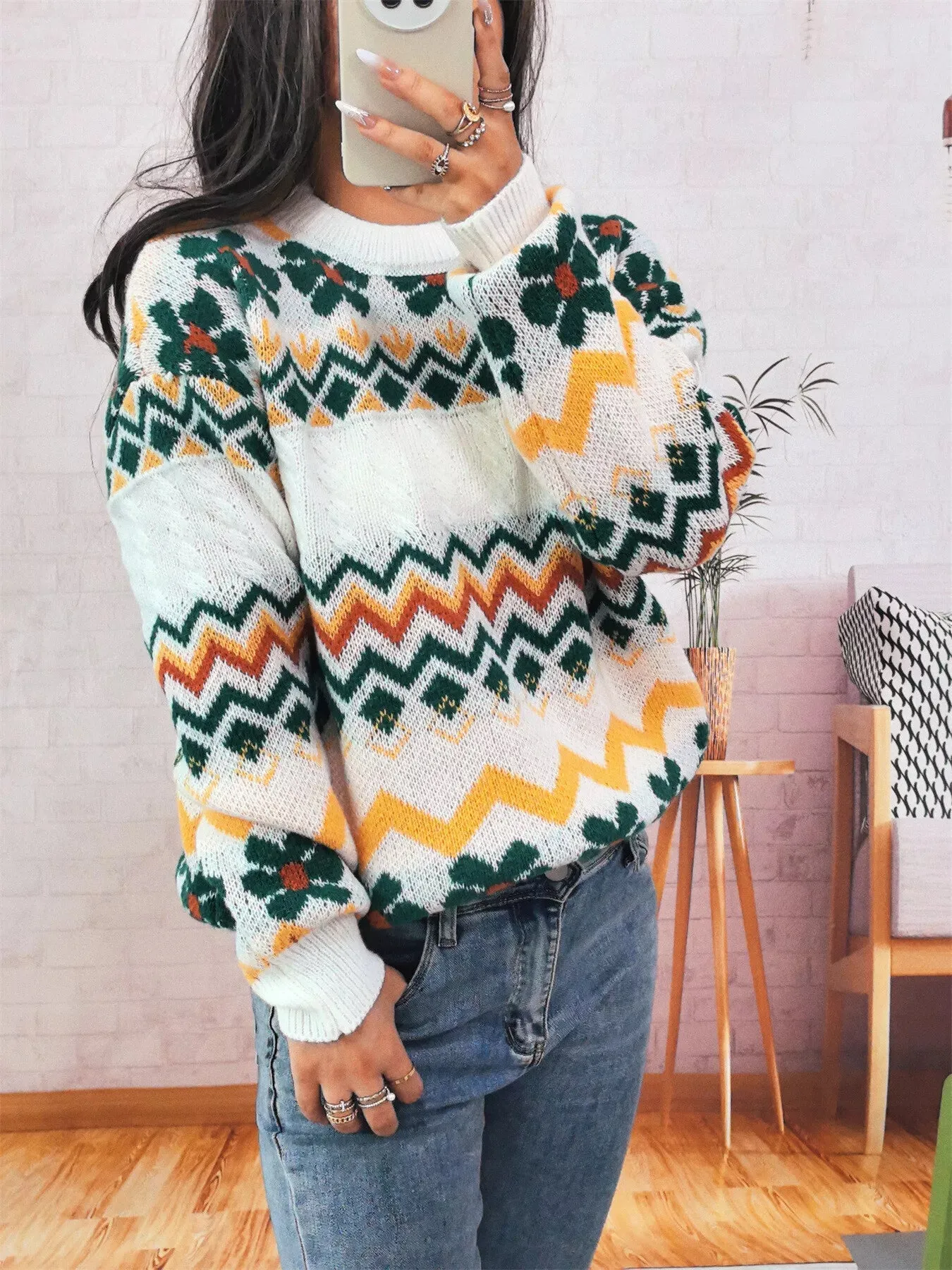 Geometric Round Neck Long Sleeve Sweater sold by Charming Charlie product image thumbnail 5