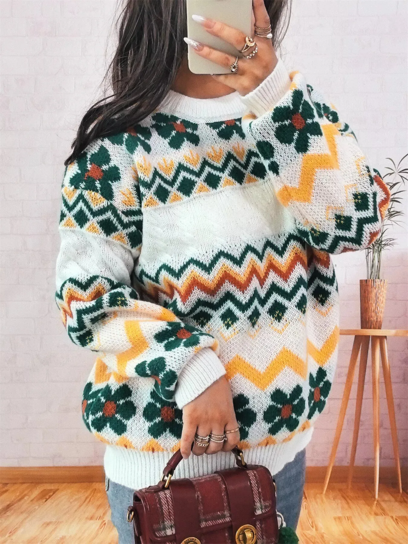 Geometric Round Neck Long Sleeve Sweater sold by Charming Charlie product image thumbnail 3