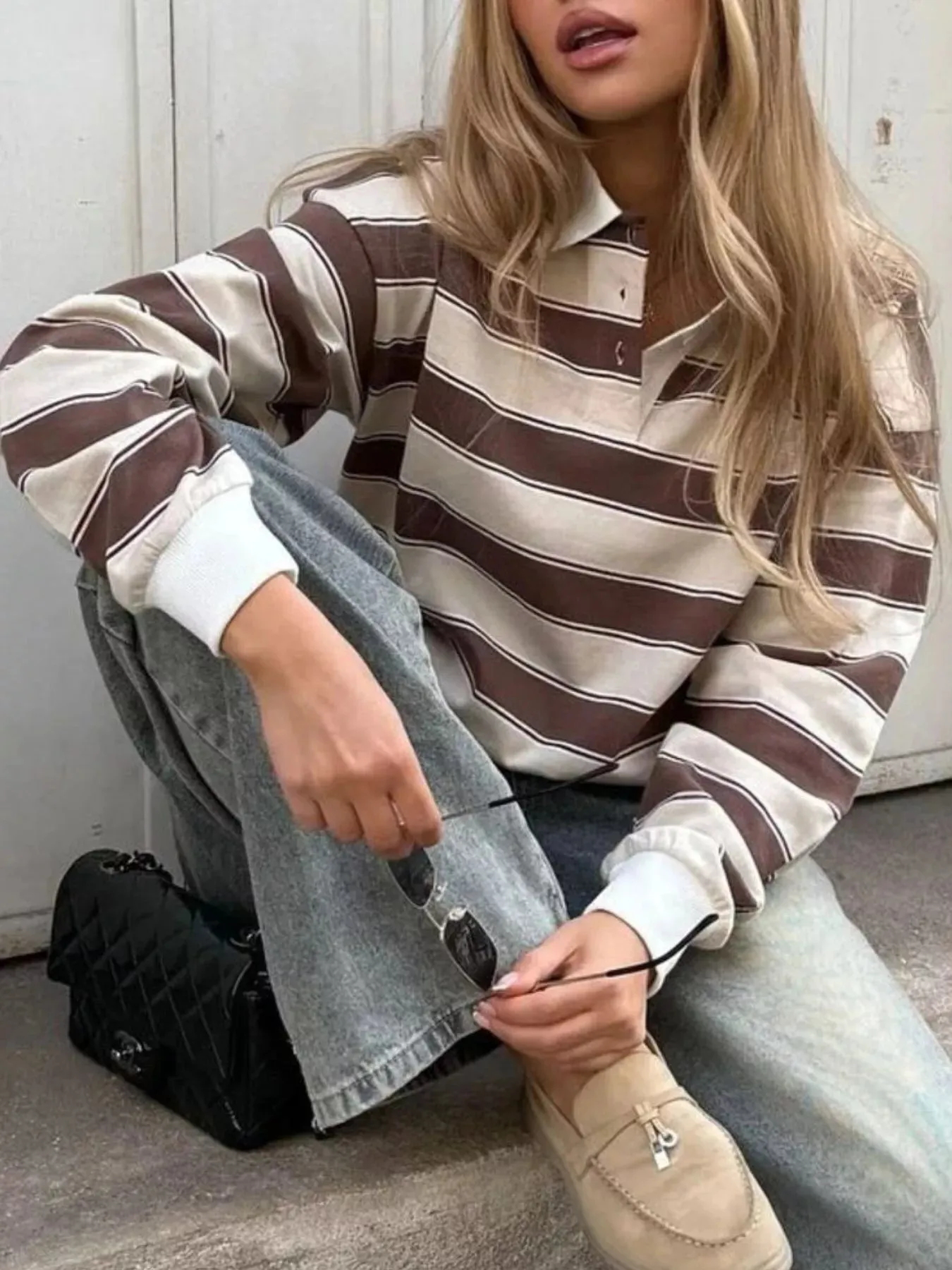 Striped Button Detail Long Sleeve Polo sold by Charming Charlie product image thumbnail 5