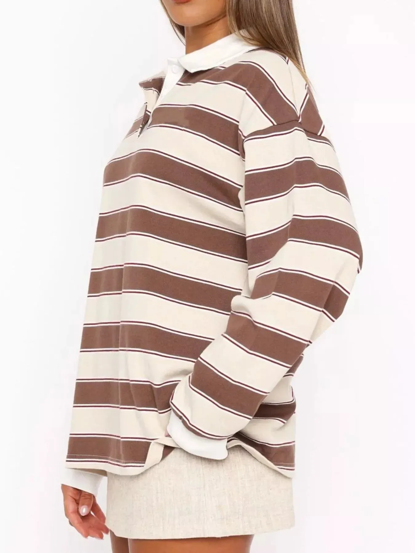 Striped Button Detail Long Sleeve Polo sold by Charming Charlie product image thumbnail 2