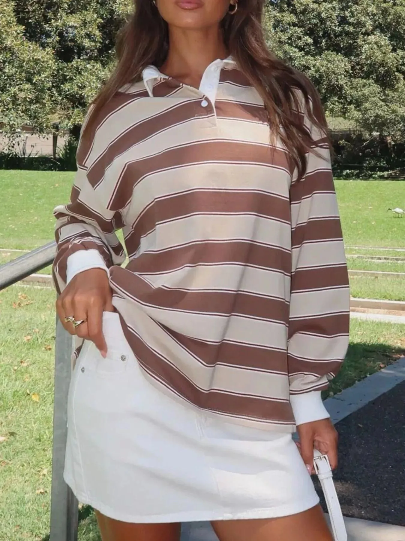 Striped Button Detail Long Sleeve Polo sold by Charming Charlie product image thumbnail 4