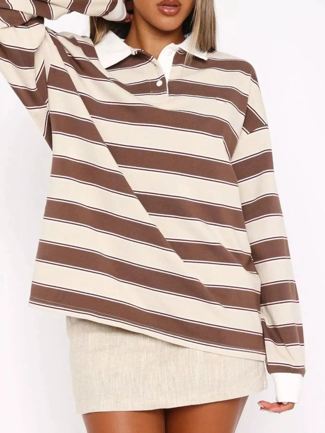 Striped Button Detail Long Sleeve Polo sold by Charming Charlie
