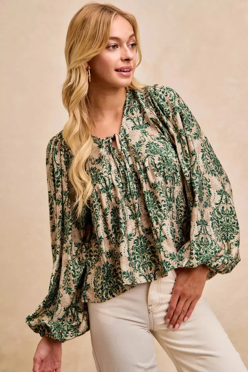 BiBi Printed Woven Front Tied Blouse with Baloon Sleeve sold by Charming Charlie product image thumbnail 4