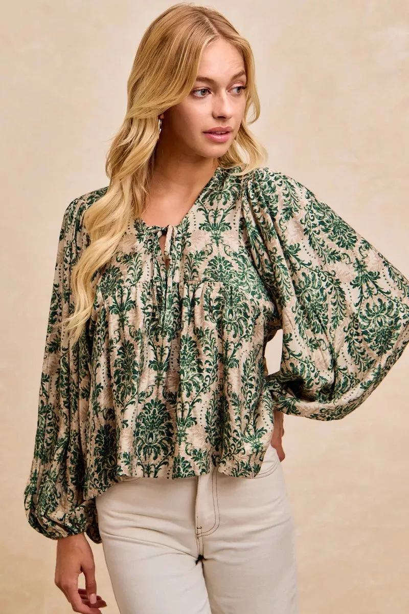BiBi Printed Woven Front Tied Blouse with Baloon Sleeve sold by Charming Charlie product image thumbnail 5
