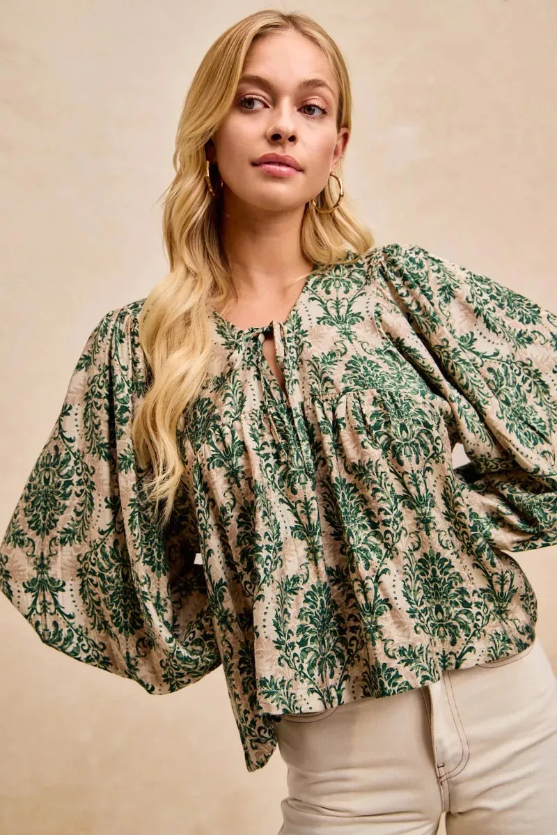 BiBi Printed Woven Front Tied Blouse with Baloon Sleeve sold by Charming Charlie product image thumbnail 2